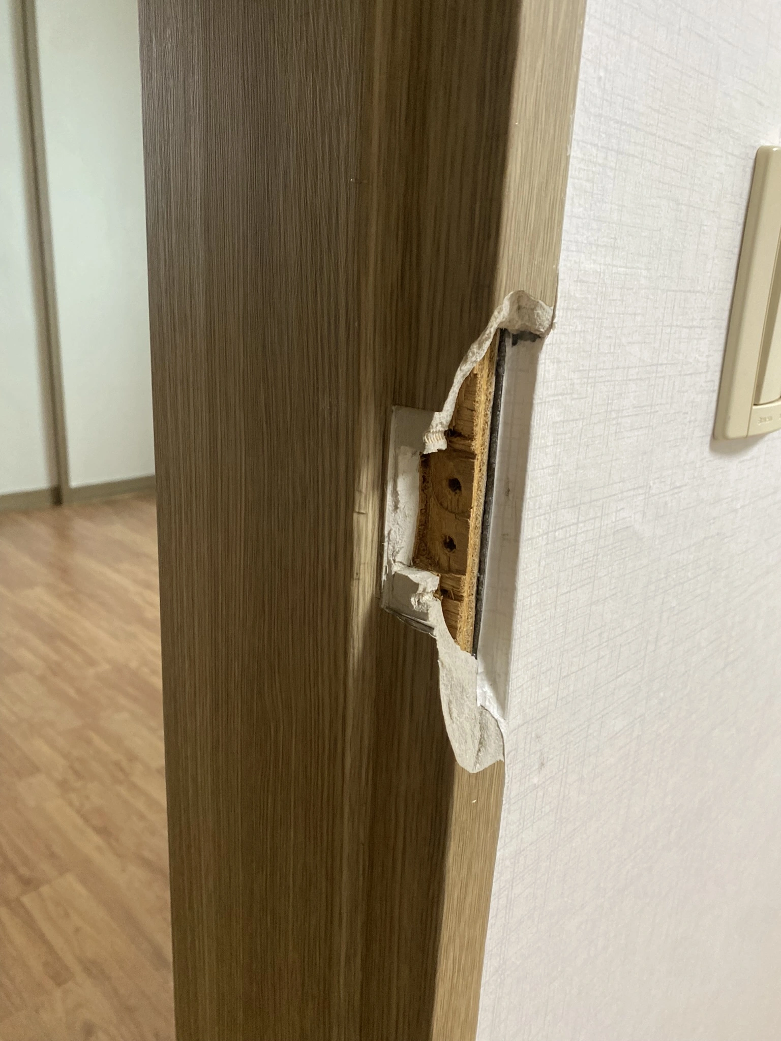 걸쇠 인근 도배지가 뜯기고 속판이 드러난 문틀 파손 수리 전 상태